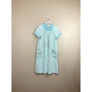 VTG Cotillion Womens Floral House Coat Robe S Blue Cottagecore Pearl Snap Femme